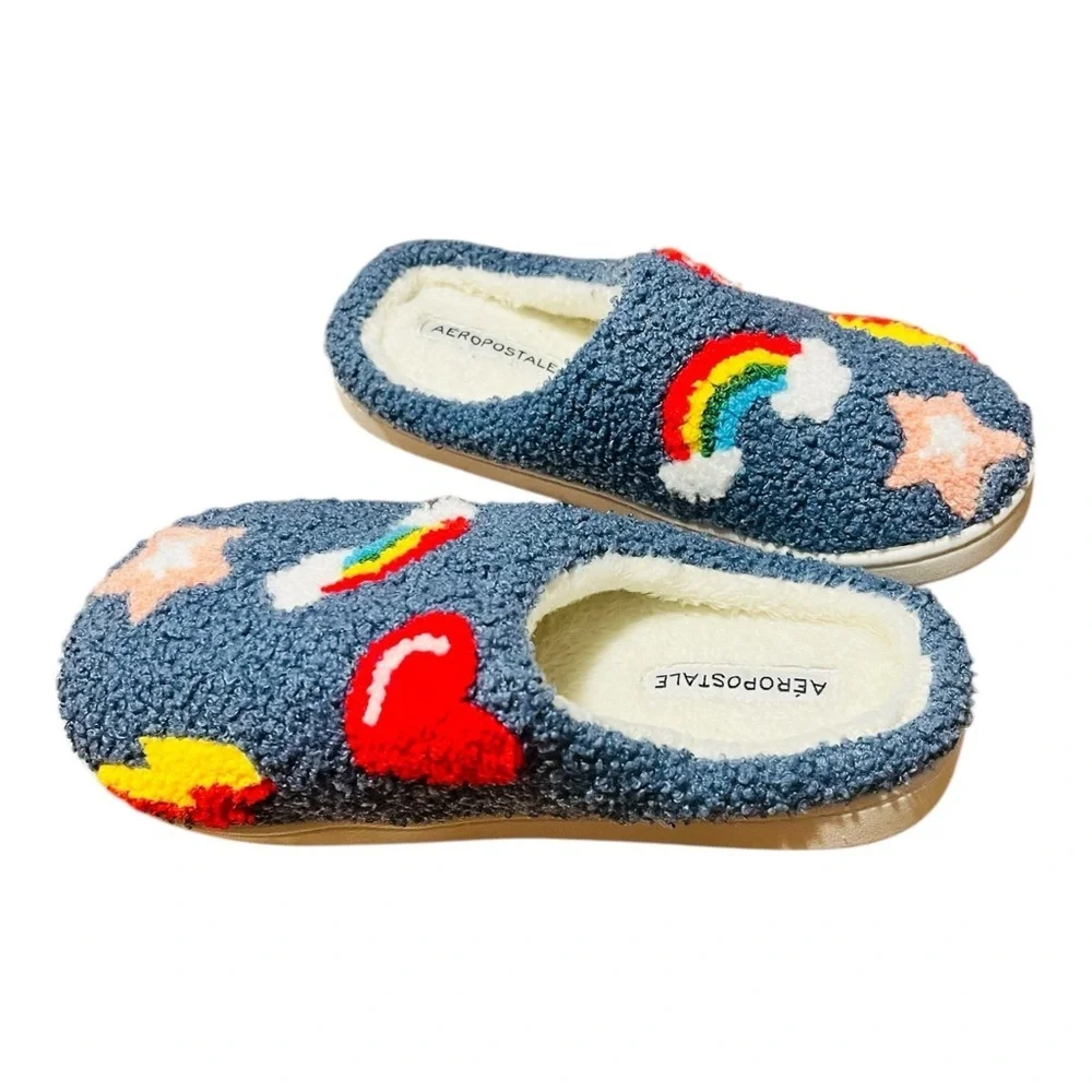 Aeropostale Fuzzy Slippers with Rainbow and Star Design